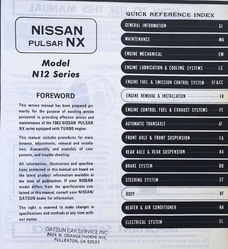 1983 Nissan Pulsar NX Turbo Service Manual 