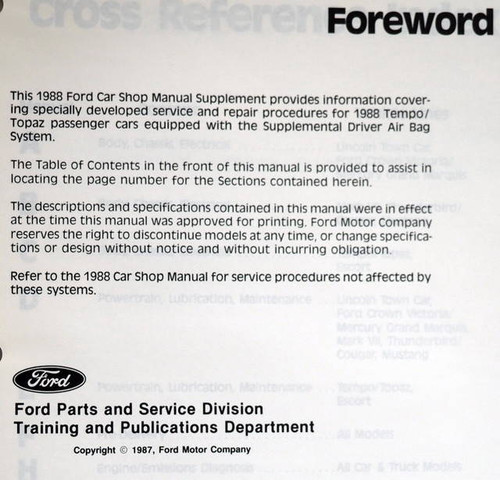 1988 Ford Tempo Mercury Topaz Air Bag Shop Manual Supplement