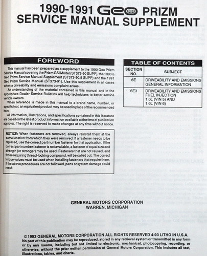 1990-1991 Geo Prizm Driveability/Emission Repair Shop Manual Update