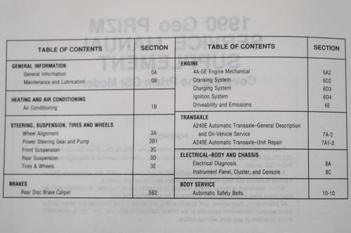 1990 Geo Prizm GSi Service Manual Supplement