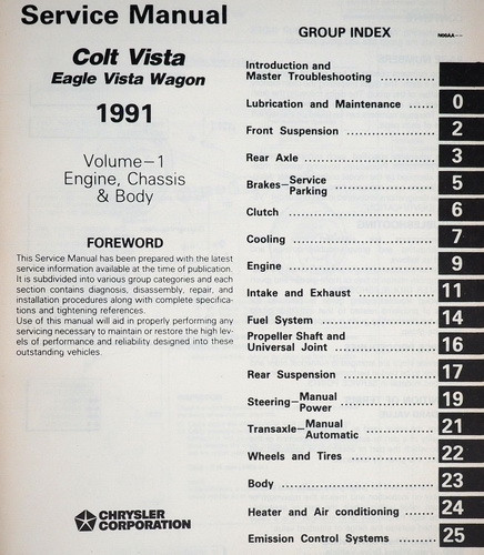 1991 Dodge Plymouth Colt Vista Eagle Vista Wagon Service Manual