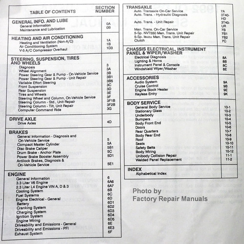 1992 Olds Achieva Service Manual Table of Contents