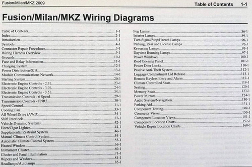 2009 Ford Fusion, Mercury Milan and Lincoln MKZ Electrical Wiring Diagrams Table of Contents