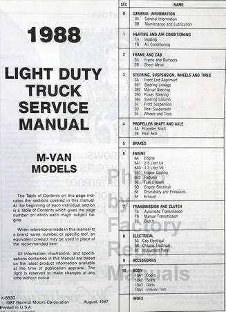 1988 Light Duty Truck Safari Models Service Manual GMC Table of Contents