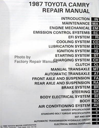 1987 Toyota Camry Repair Manual Table of Contents