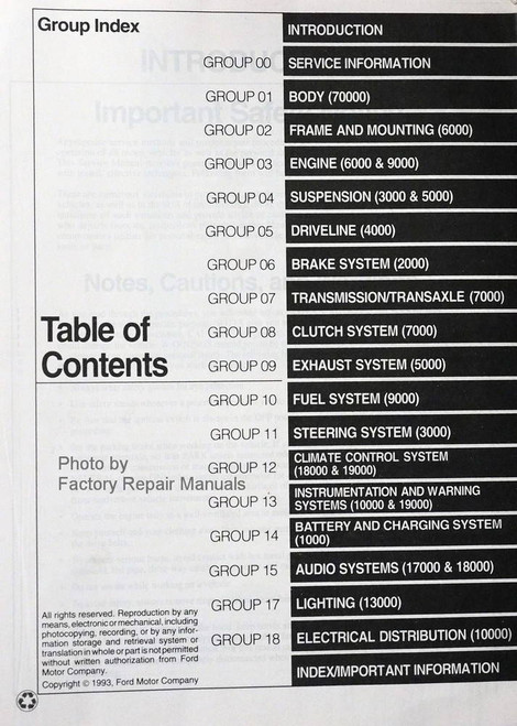 1994 Mercury Villager Service Manual Table of Contents