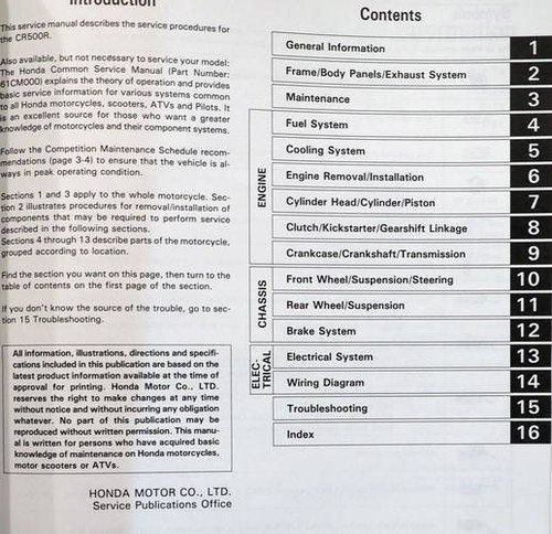 1992 1993 Honda CR500R Service Manual Table of Contents