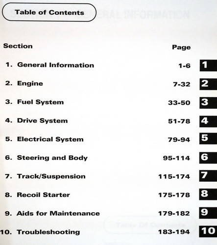 1996 Arctic Cat ZR440 Service Manual Table of Contents