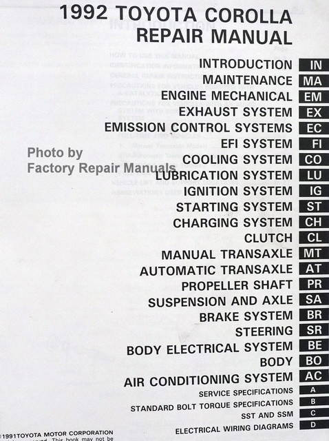 1992 Toyota Corolla Repair Manual Table of Contents