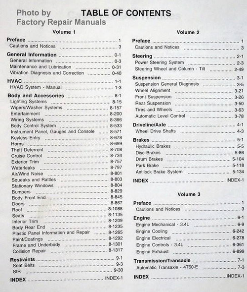 1998 Service Manual Chevrolet Venture Pontiac Trans Sport Oldsmobile Silhouette Table of Contents