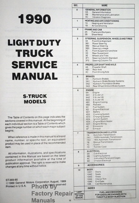 1990 Chevrolet S10 Service Manual Table of Contents