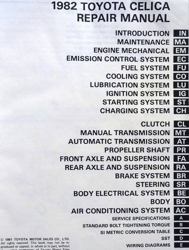 1982 Toyota Celica Repair Manual Table of Contents