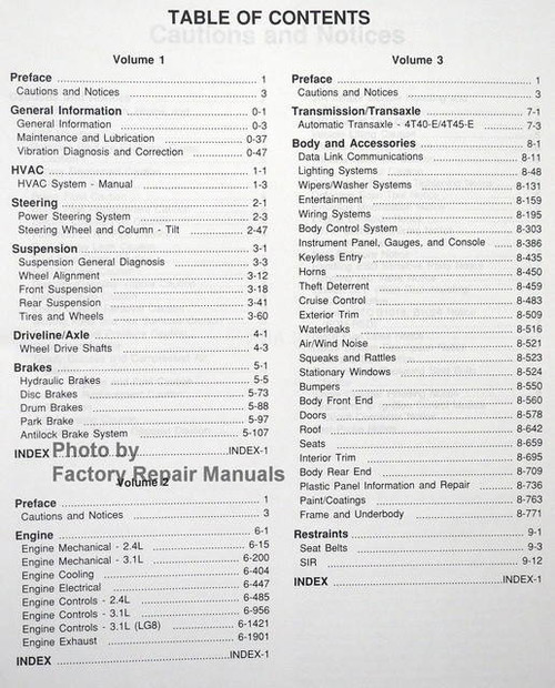 1999 Chevrolet Malibu Oldsmobile Cutlass Service Manual Table of Contents L/N Platform 