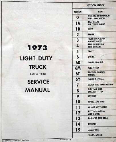 1973 Chevrolet Light Duty Truck Service Manual Table of Contents