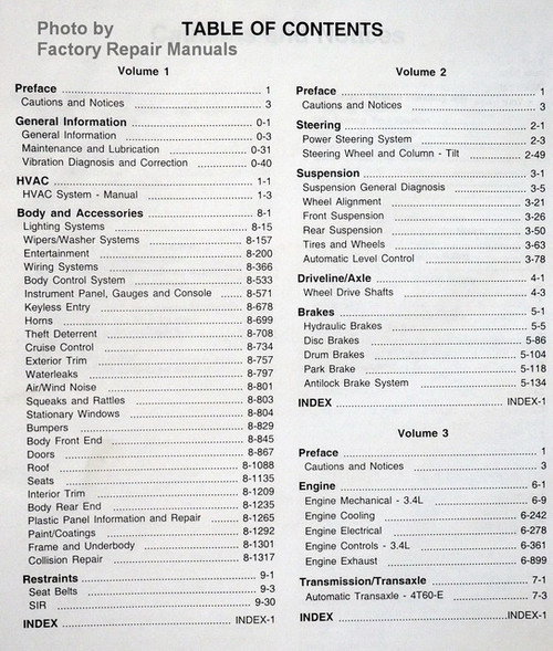 1998 Olds Silhouette Chevy Venture Pontiac Trans Sport Service Manual Table of Contents