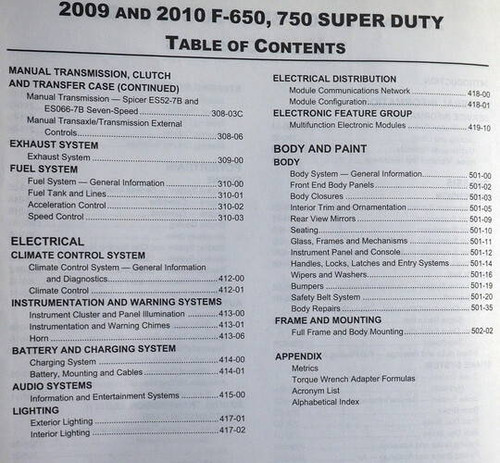 2009/2010 F-650, 750 Super Duty Workshop Manual Table of Contents 2