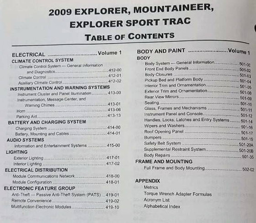 2009 Ford Explorer, Sport Trac, Mercury Mountaineer Workshop Manual Table of Contents 2