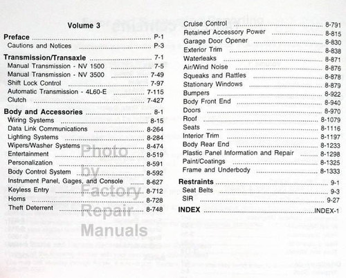 2002 Chevrolet Blazer, S-10 GMC Jimmy, Sonoma Service Manual Table of Contents 2