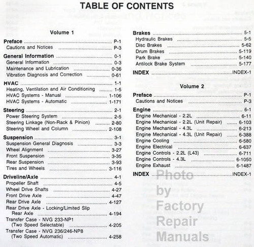 2002 Chevrolet Blazer, S-10 GMC Jimmy, Sonoma Service Manual Table of Contents 1
