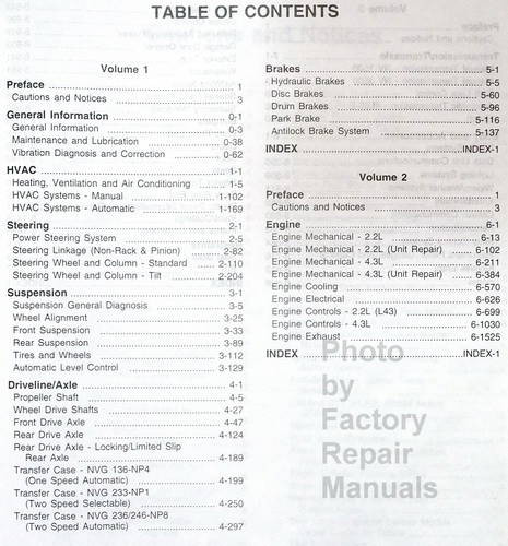 2001 Chevy S10 Truck Blazer, GMC S15 Sonoma Jimmy Envoy, Oldsmobile Bravada Service Manual Table of Contents 1