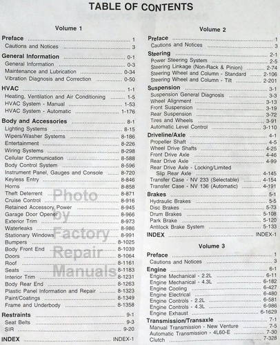 1998 Chevrolet GMC Oldsmobile S/T Truck Service Manuals Table of Contents
