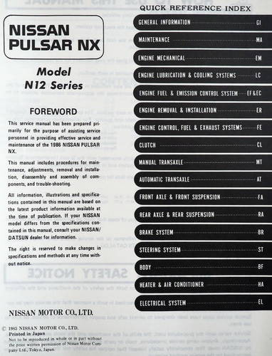 1986 Nissan Pulsar NX Service Manual Table of Contents