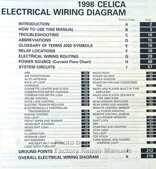 1998 Toyota Celica Electrical Wiring Diagrams Table of Contents