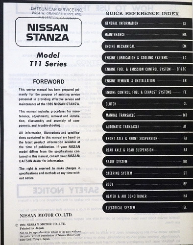 1985 Nissan Stanza Factory Shop Repair Service Manual Original