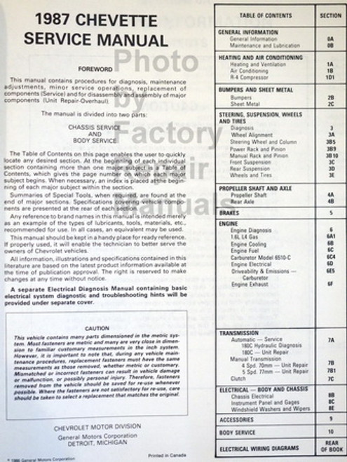 1987 Chevrolet Chevette Service Manual Table of Contents
