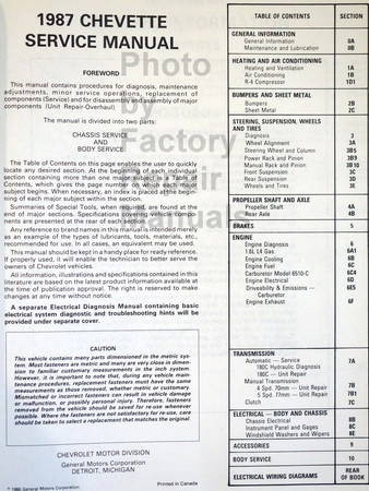 1987 Chevrolet Chevette Service Manual Table of Contents