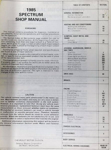 1985 Chevrolet Spectrum Shop Manual
