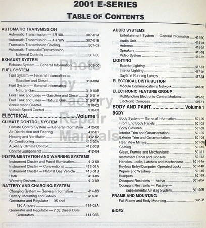 2001 Ford E-Series Workshop Manuals Table of Contents 2