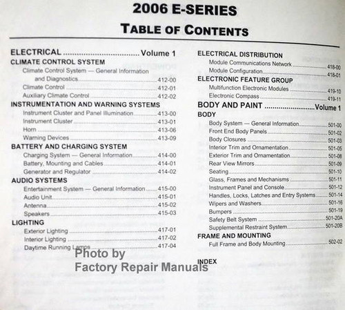 2006 Ford E-Series Workshop Manual Table of Contents 2