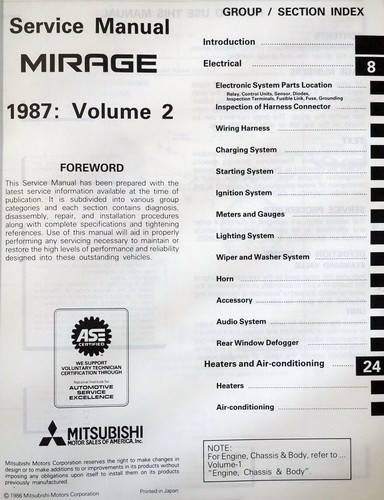 1987 Mitsubishi Mirage Service Manual Table of Contents 2