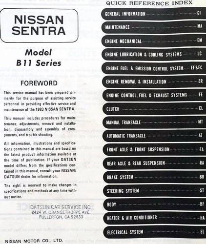 1984 Nissan Sentra Service Manual Table of Contents