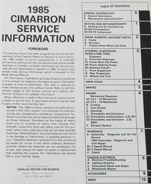1985 Cadillac Cimarron Service Information Table of Contents