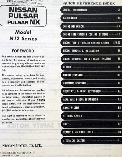 1984 Nissan Pulsar Pulsar NX Service Manual Table of Contents