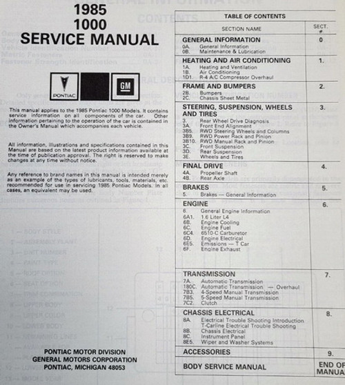 1985 Pontiac 1000 Service Manual 1985 Pontiac 1000 Service Manual