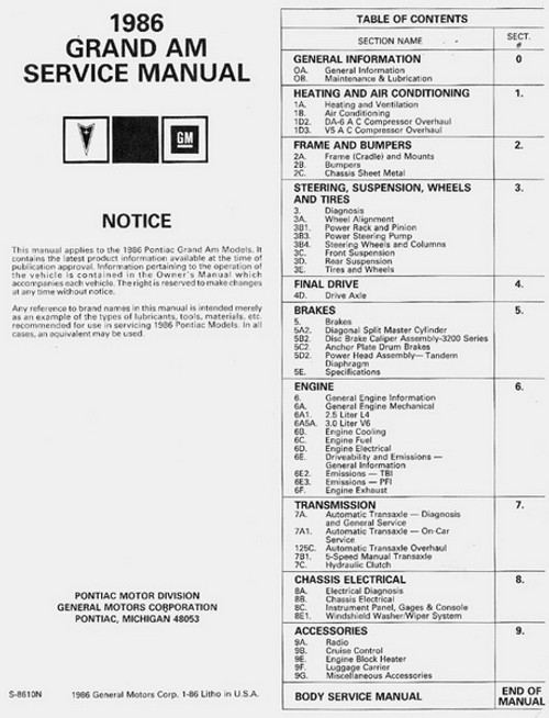 1986 Pontiac Grand Am Factory Service Manual 1986 Pontiac Grand Am Factory Service Manual