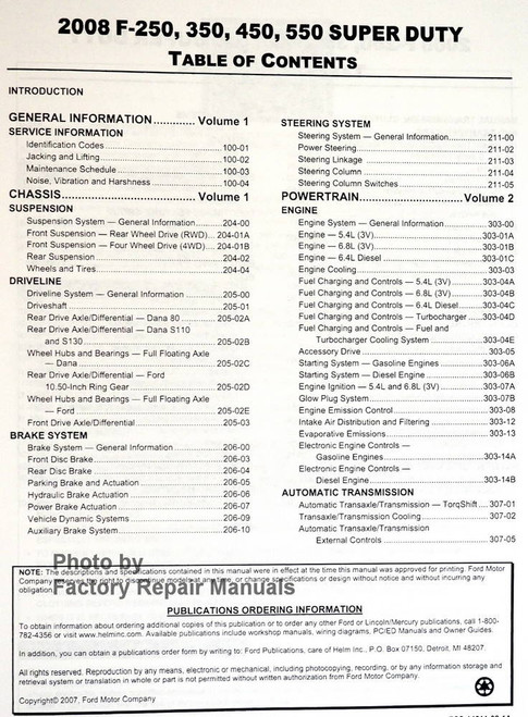 Ford 2008 F-250, 350, 450, 550 Super Duty Workshop Manual Table of Contents 1