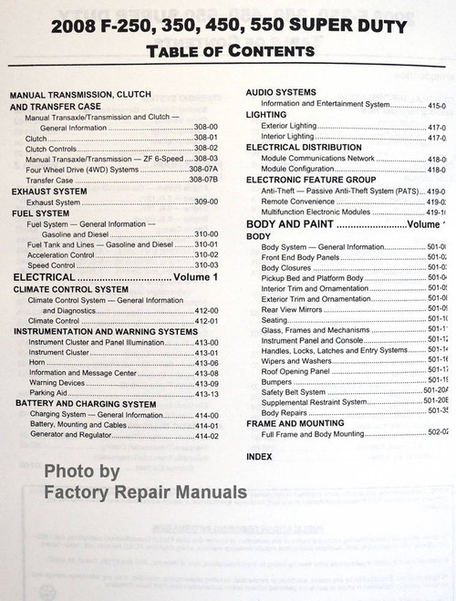 Ford 2008 F-250, 350, 450, 550 Super Duty Workshop Manual Table of Contents 2