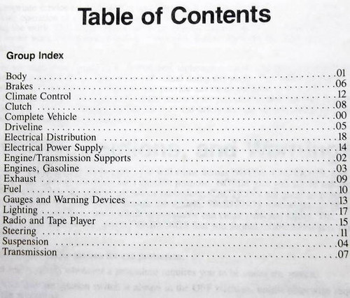 1991 Ford Tempo Mercury Topaz Shop Manual Table of Contents