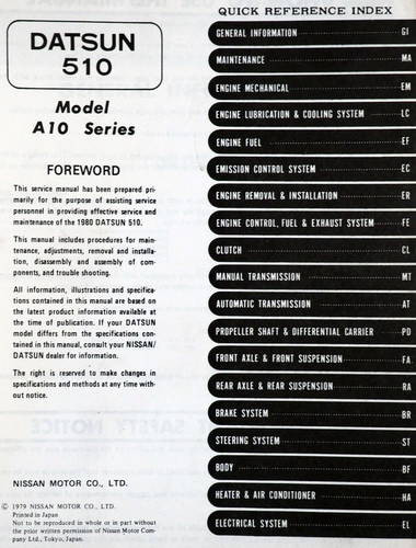 1980 Datsun 510 Service Manual Table of Contents
