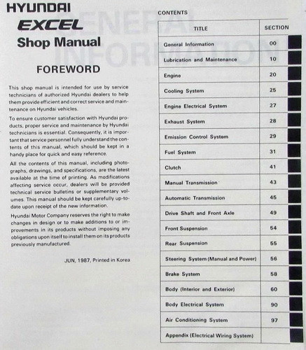 1988 Hyundai Excel Shop Manual Table of Contents