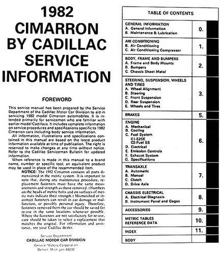 1982 Cadillac Cimarron Service Manual Table  of Contents