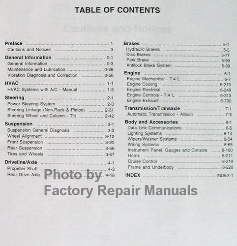 1999 Chevy GMC P12 Motorhome Chassis Service Manual Table of Contents