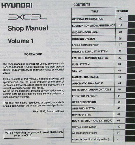 1994 Hyundai Excel Service Manual Table of Contents Volume 1