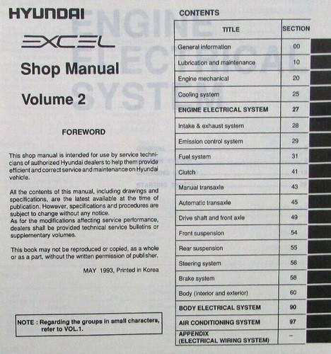 1994 Hyundai Excel Service Manual Table of Contents Volume 2
