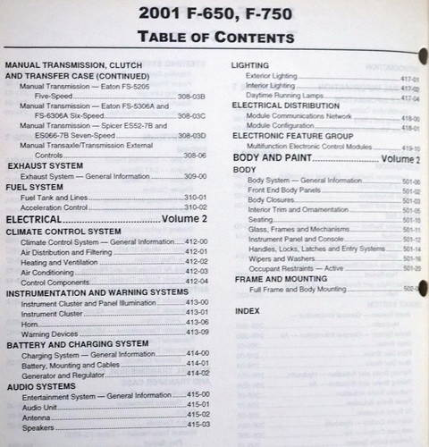 2001 Ford F-650, 750 Medium Truck Workshop Manual Table of Contents 2
