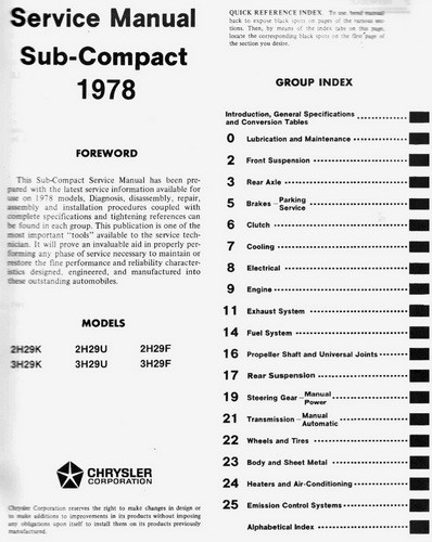  1978 Dodge Challenger Plymouth Sapporo Service Manual